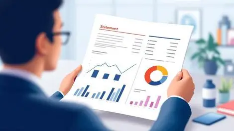 Modern clear illustration person reviewing simple financial statement charts graphs uk office