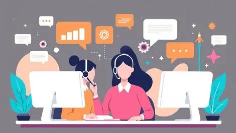 Illustration call center representatives computers floating ai icons customer experience automation