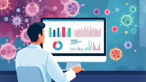 Doctor analyzing digital cancer data patterns with immune cells