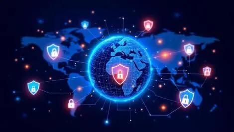Globe shield icons digital locks worldwide cybersecurity leadership graphic