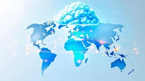 Digital cloud global network world map glowing lines cloud services expansion
