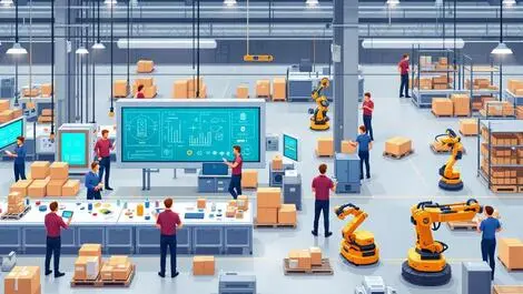 Modern manufacturing floor assembly lines digital screens workers robots