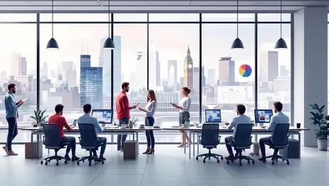 Modern uk office collaborative employees digital devices cost efficient hybrid work london cityscape