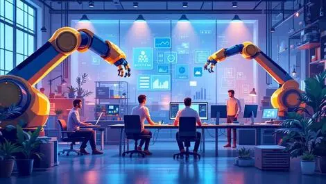 Modern illustration humans collaborating with robotic arms teamwork technology workspace
