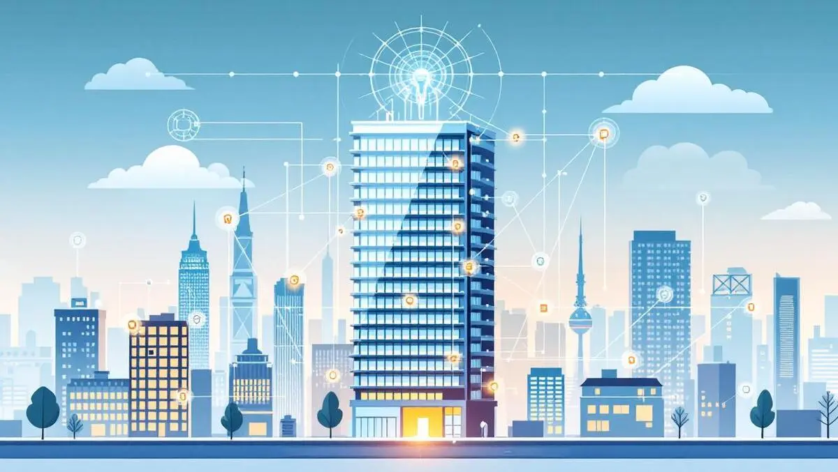 Modern smart building digital sensor nodes data flow city skyline