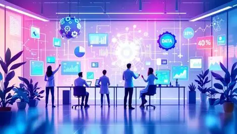 Sleek laboratory scientists analyzing digital data flows molecular tech