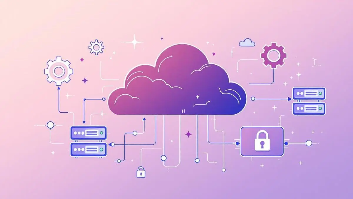 Illustrated concept cloud servers interconnected data flow gears locks modernization security
