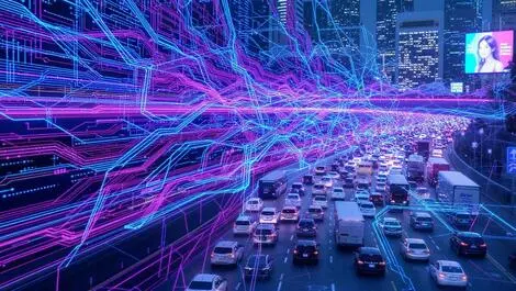 Congested roads halted vehicles computer data streams tangled transportation technical problems modern graphic
