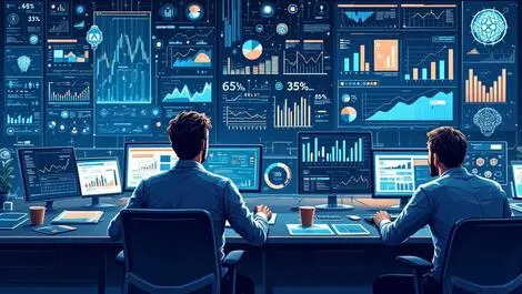 Financial professionals analyzing data cybersecurity ai modern office