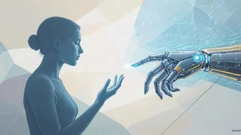Thoughtful human silhouette interacting gently with robotic hand abstract technology balance