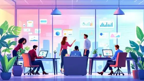 Modern office business professionals collaborating laptops digital screens teamwork tech