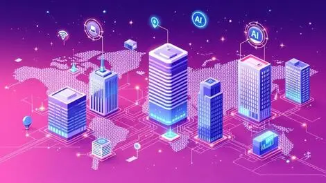 Interconnected global office buildings ai digital circuits technology integration