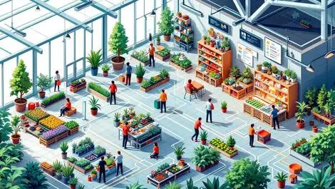 Modern garden centre digital integration plants tools employees flow