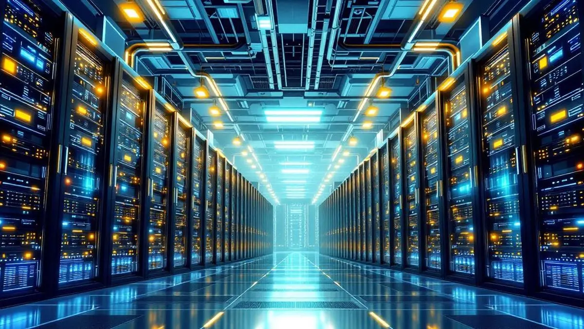 Detailed modern data center interior rows server racks blinking lights cooling