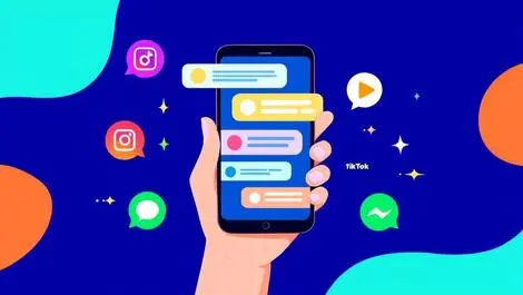 Colorful digital illustration hand holding smartphone chat bubbles social media icons