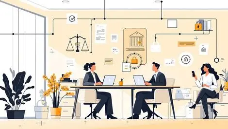 Modern law office professionals collaborating technology automation icons