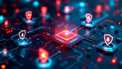 Realistic computer network glowing nodes red risk highlights cybersecurity shields