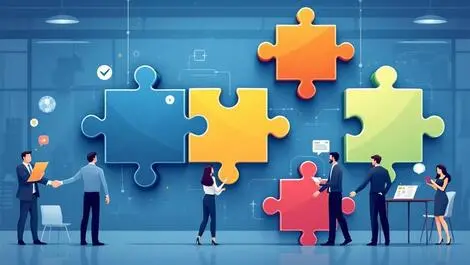 Interconnected puzzle pieces collaboration business professionals handshake modern office