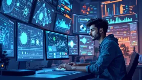 South asian man working computer ai neural networks digital lab