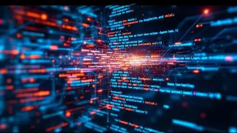 Realistic photo computer screen displaying complex code digital data streams leaking exposure