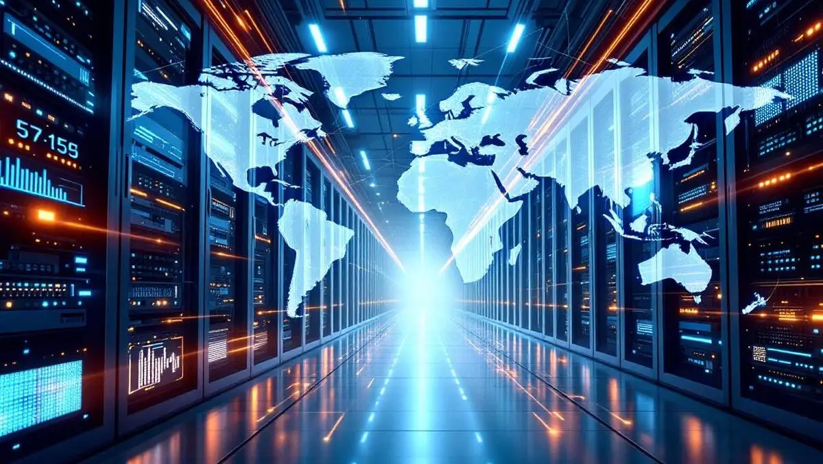 Photorealistic modern data center rows of servers global connectivity