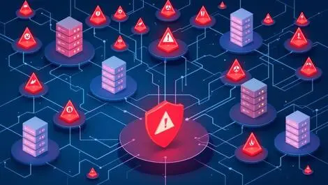 Illustration interconnected computer servers red warnings vulnerability digital supply chain network