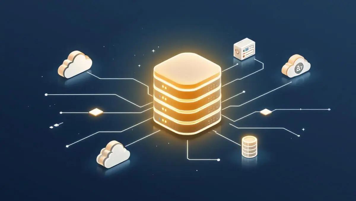 Interconnected data storage cloud icons central glowing server modern design