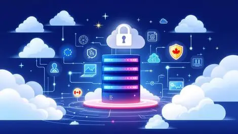 Secure data center digital cloud icons european canadian flags privacy control