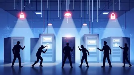 Data server room alarm symbols shadowy figures accessing locked backup drives