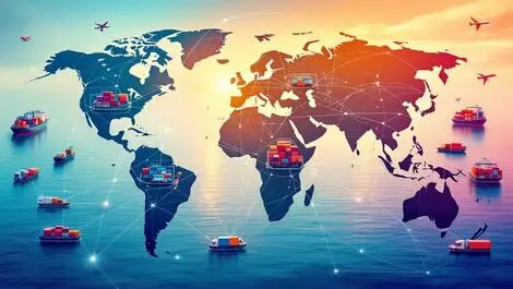 Global shipping routes cargo ships trucks planes digital network logistics