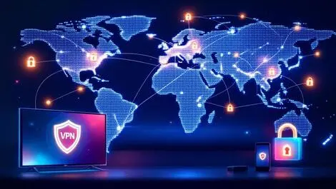 Glowing world map global network connections smart tv mobile vpn security