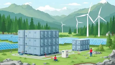 Repurposed battery units connected to solar panels wind turbines bc landscape