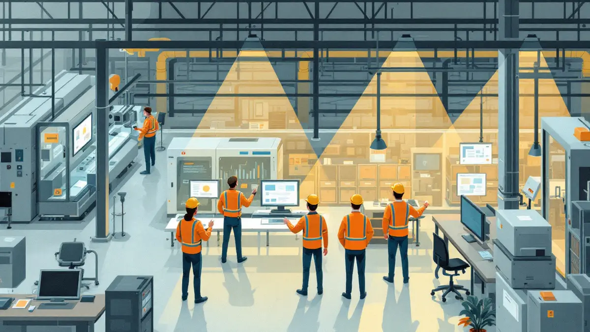 Busy uk factory modern machinery malfunctioning screens concerned engineers checking computers software failure risks