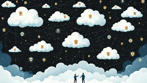 Tangled cloud network security challenges human figures struggling manage connections