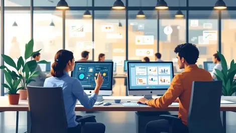 Modern corporate office employees using intelligent digital assistants for workflow