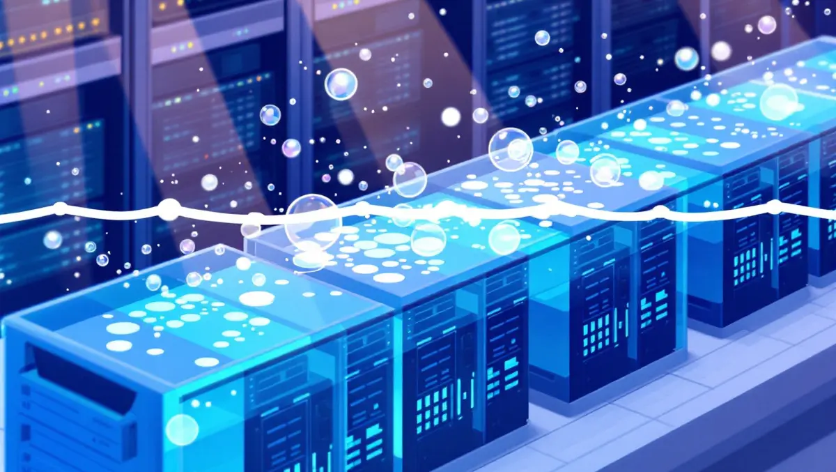 Servers submerged in clear cooling liquid with bubbles in modern data center