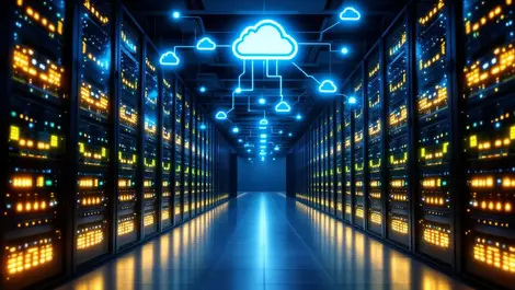 Modern data center server racks glowing lights cloud icons digital storage