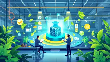 Modern factory floor engineers analyzing digital model eco friendly symbols ai
