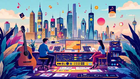 Artists musicians collaborating ai digital notes art tools australian cityscape