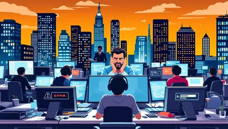 Stressed it team office multiple error screens australia new zealand cityscape