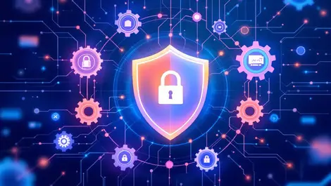 Computer security shield gear wheels neural network ai automation cybersecurity