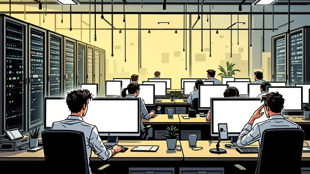 Stressed office workers uk blank computer screens server racks data recovery failure