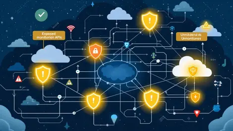 Digital network exposed hidden connections monitored unmonitored apis security shields alert icons cloud background