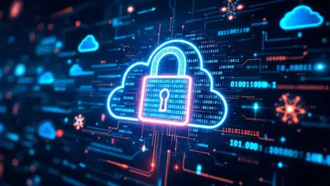 Photorealistic glowing digital lock binary code quantum cloud security