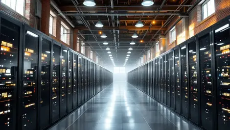 Modern data center industrial building old factory exposed brick server racks