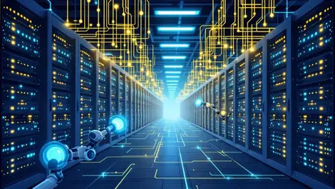 Modern data center server racks robotic arms ai integration tech growth