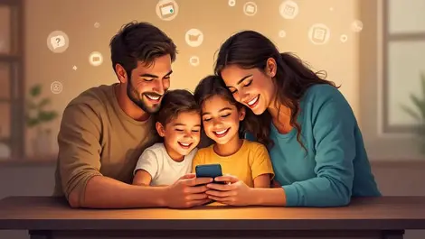 Cheerful family using smartphone together with us map and scheduling icons