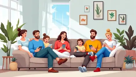 Australian families relaxing on couches using digital devices enjoying entertainment