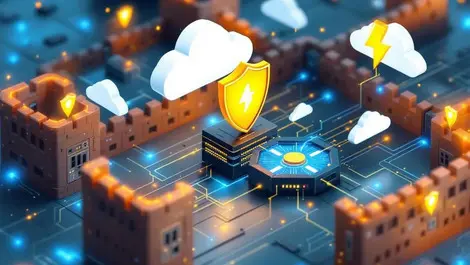 Illustration fortified digital network shield barriers protecting interconnected servers cloud symbols cyber resilience