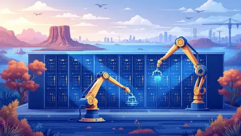 Modern data center advanced servers robotic arms australian landscape